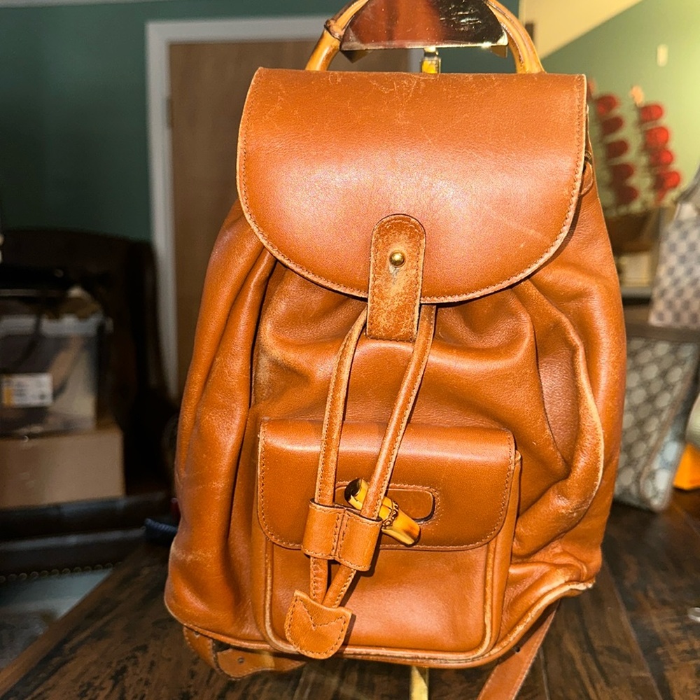 Gucci vintage Bamboo Calfskin Leather Drawstring Backpack